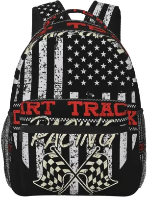Dirt Track Racing American Flag Backpack Casual Laptop Backpack Double Shoulder Bag Lightweight Backpack For Women Men Travel