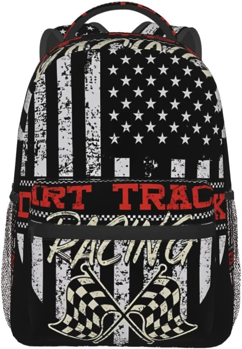 Dirt Track Racing American Flag Backpack Casual Laptop Backpack Double Shoulder Bag Lightweight Backpack For Women Men Travel