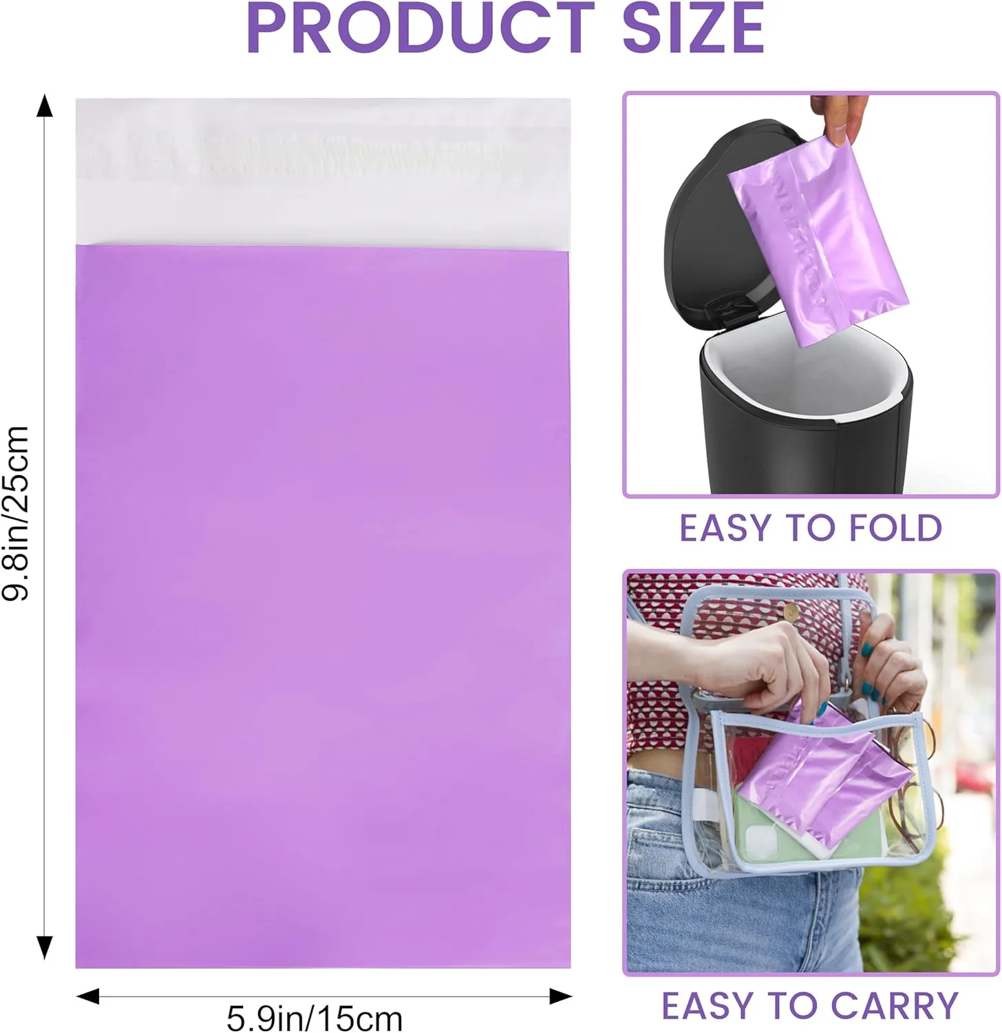 Disposable Sanitary Bags, 200 Pcs, Purple, Self-Sealing, Odor-Proof, Rectangular, Plastic, 10" x 6" Bags for Feminine Hygiene, Personal Waste, or Pet Waste