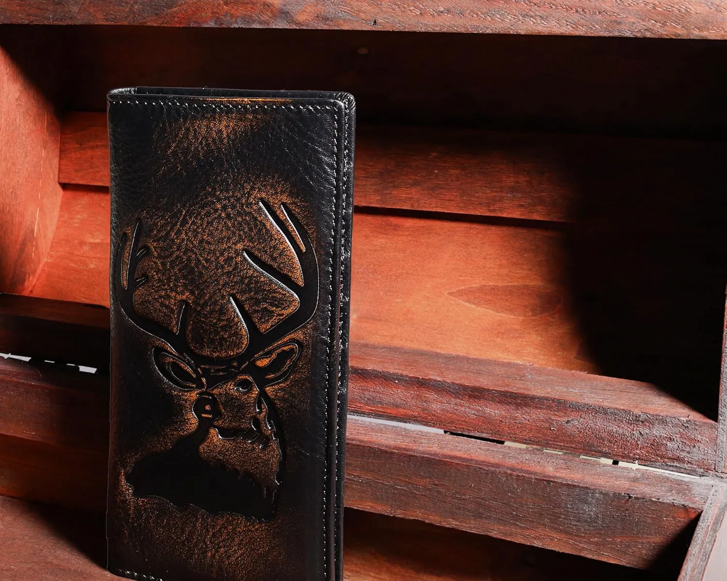 DK86 Deer Long Wallet For Men Full Grain Leather with Hand Burnished Rfid Blocking Rodeo Wallet Bifold Wallet Deer Wallet, Black and Orange