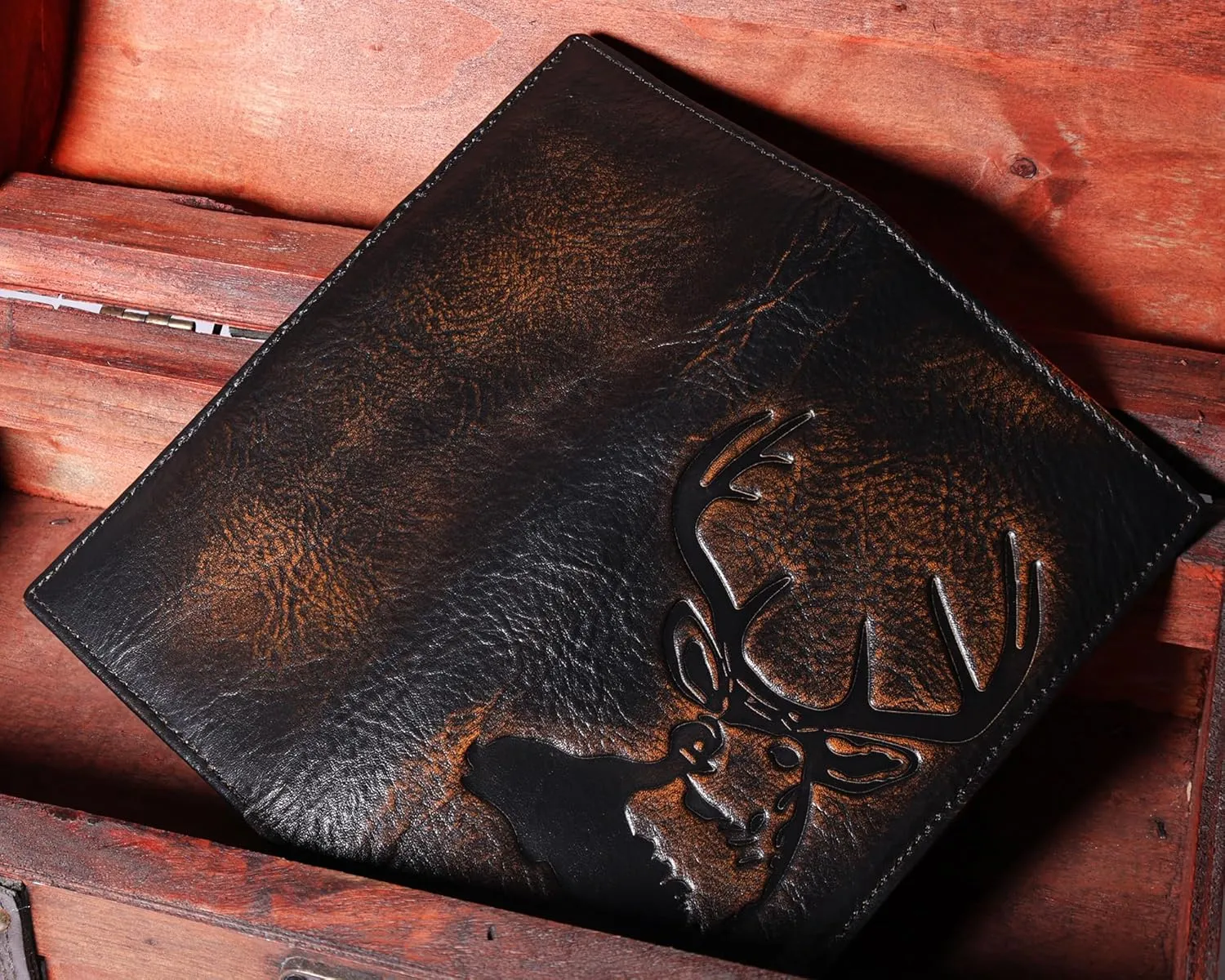 DK86 Deer Long Wallet For Men Full Grain Leather with Hand Burnished Rfid Blocking Rodeo Wallet Bifold Wallet Deer Wallet, Black and Orange