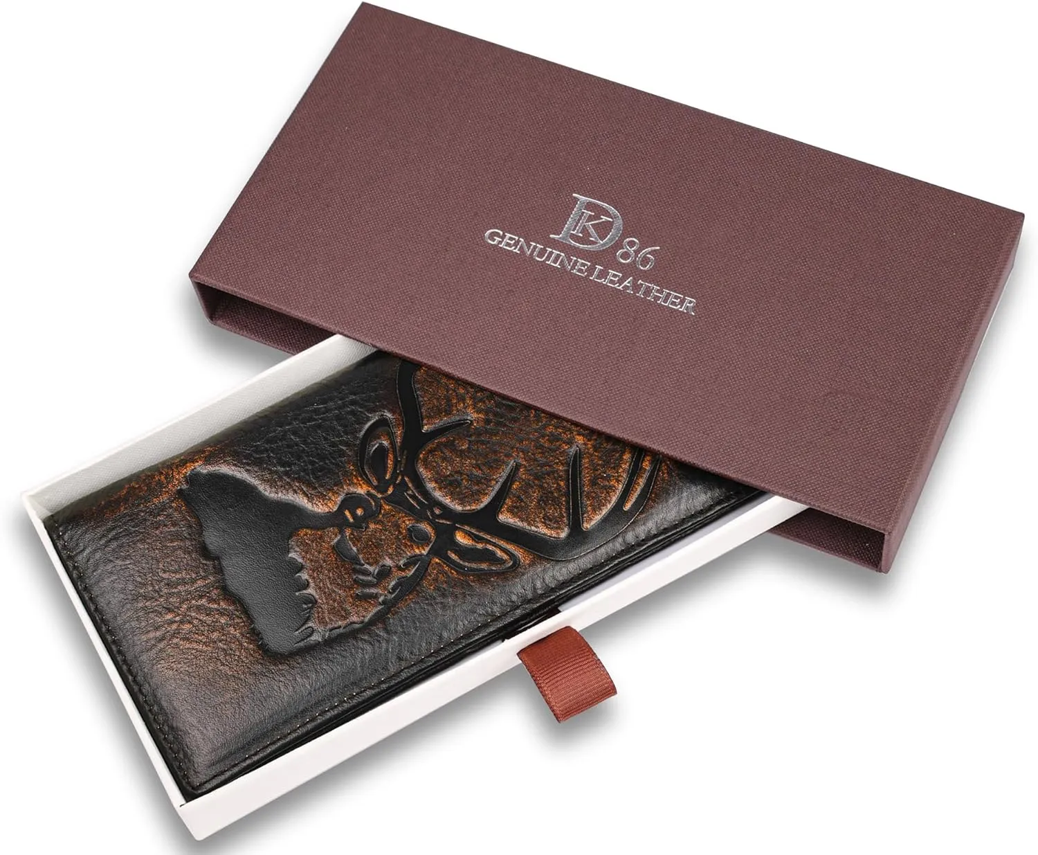 DK86 Deer Long Wallet For Men Full Grain Leather with Hand Burnished Rfid Blocking Rodeo Wallet Bifold Wallet Deer Wallet, Black and Orange