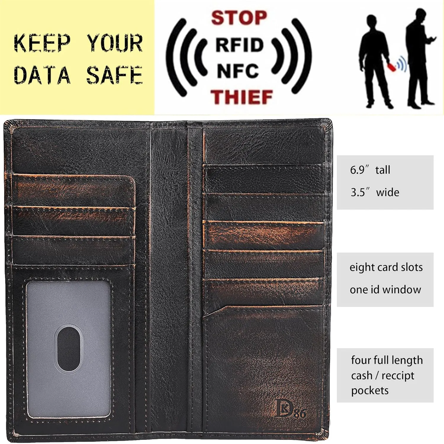 DK86 Deer Long Wallet For Men Full Grain Leather with Hand Burnished Rfid Blocking Rodeo Wallet Bifold Wallet Deer Wallet, Black and Orange
