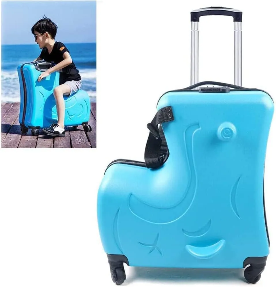 DNYSYSJ 20 Inch Children's Ride On Trolley , Portable Universal Wheel , Carry On Luggage, Waterproof Unisex Boys Girls Travel Suitcase With Lock, ABS PC (Blue)