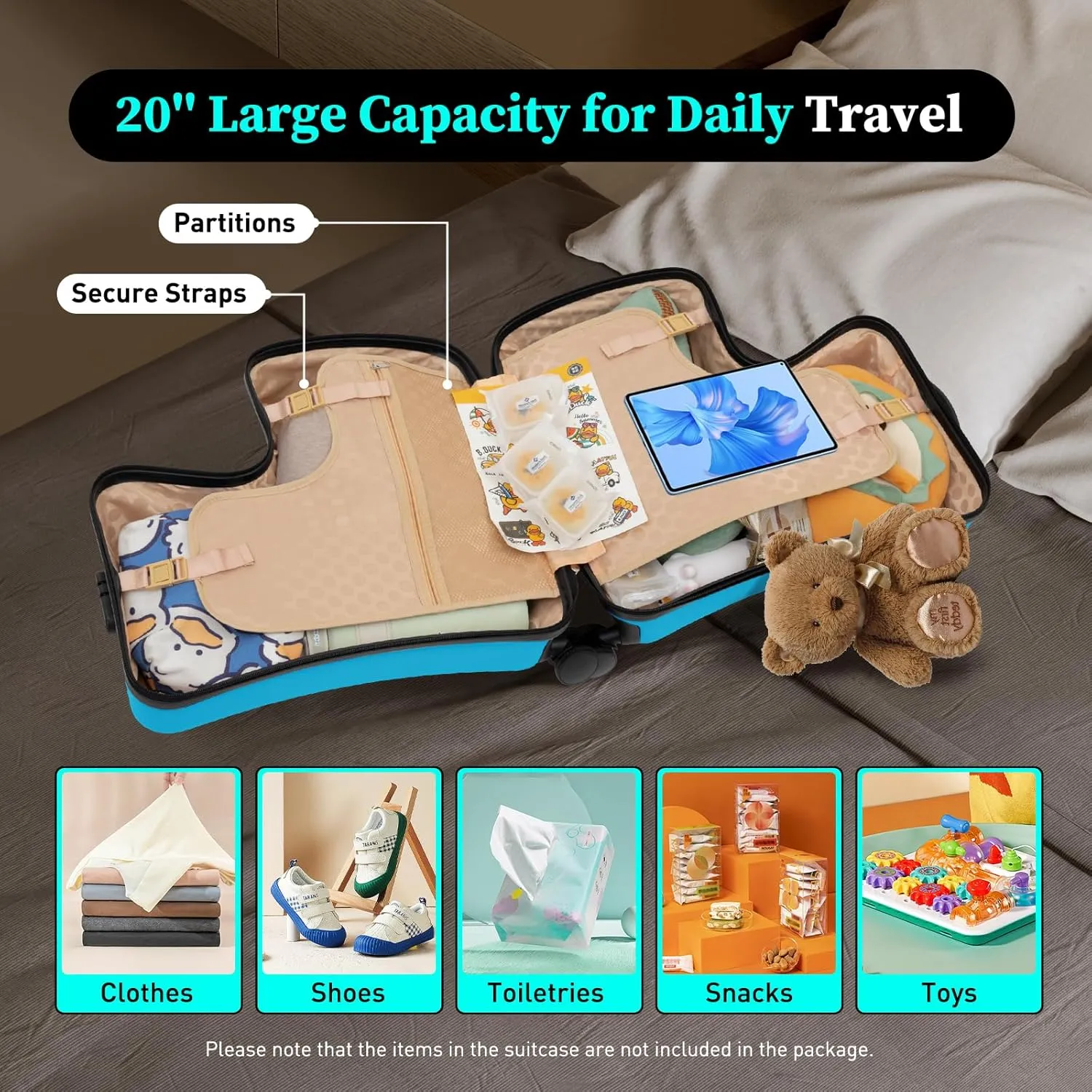 DNYSYSJ 20 Inch Children's Ride On Trolley , Portable Universal Wheel , Carry On Luggage, Waterproof Unisex Boys Girls Travel Suitcase With Lock, ABS PC (Blue)
