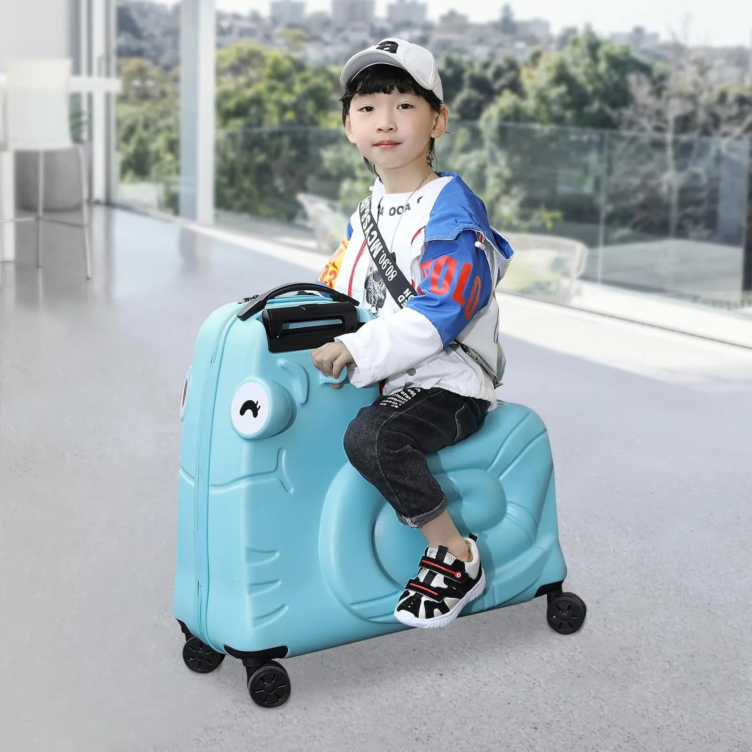 DNYSYSJ Children's Ride On Luggage, 20" Kid's Trolley Suitcase with Universal Wheels and Password Lock, Carry On Luggage Rolling Luggage, Aged 1-6 Years, ABS PC (Blue, Snail Pattern)