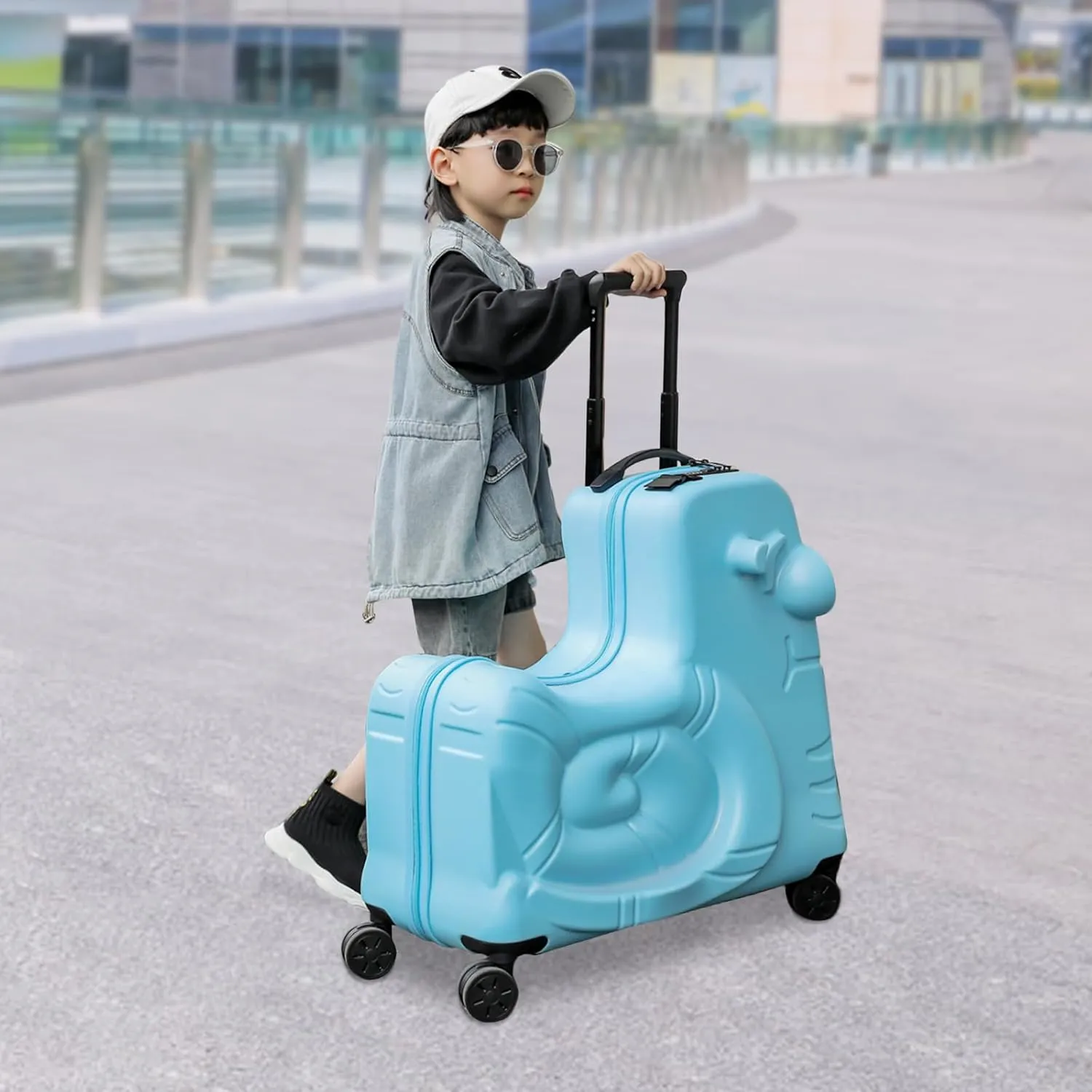 DNYSYSJ Children's Ride On Luggage, 20" Kid's Trolley Suitcase with Universal Wheels and Password Lock, Carry On Luggage Rolling Luggage, Aged 1-6 Years, ABS PC (Blue, Snail Pattern)