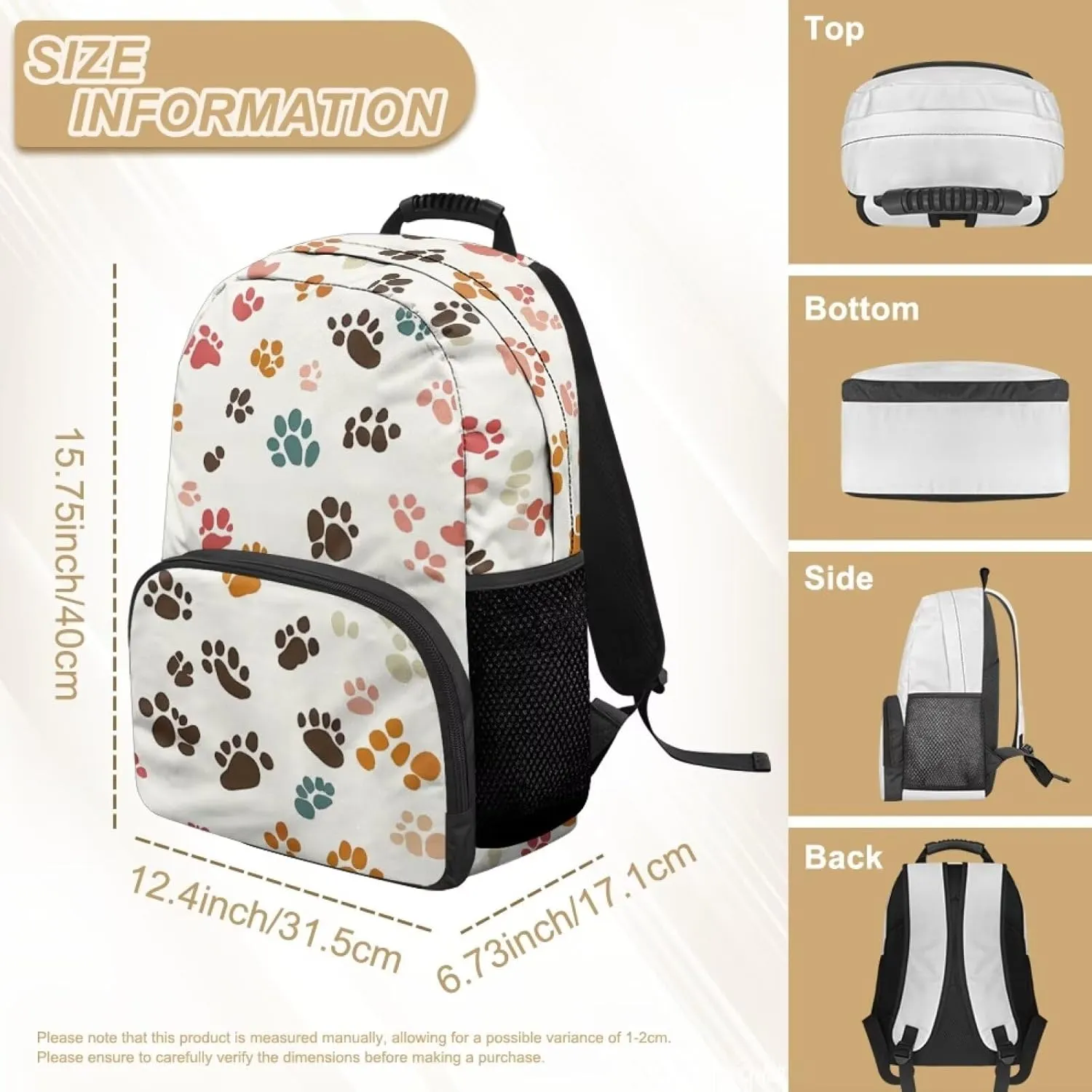 Dog Paw Backpack for Girls Large Capacity School Bags with Zipper Compartment 15 Inch Polyester Bookbag for Primary School Travel Casual Book Bag