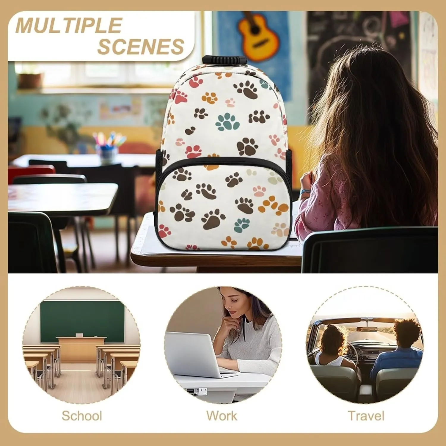 Dog Paw Backpack for Girls Large Capacity School Bags with Zipper Compartment 15 Inch Polyester Bookbag for Primary School Travel Casual Book Bag