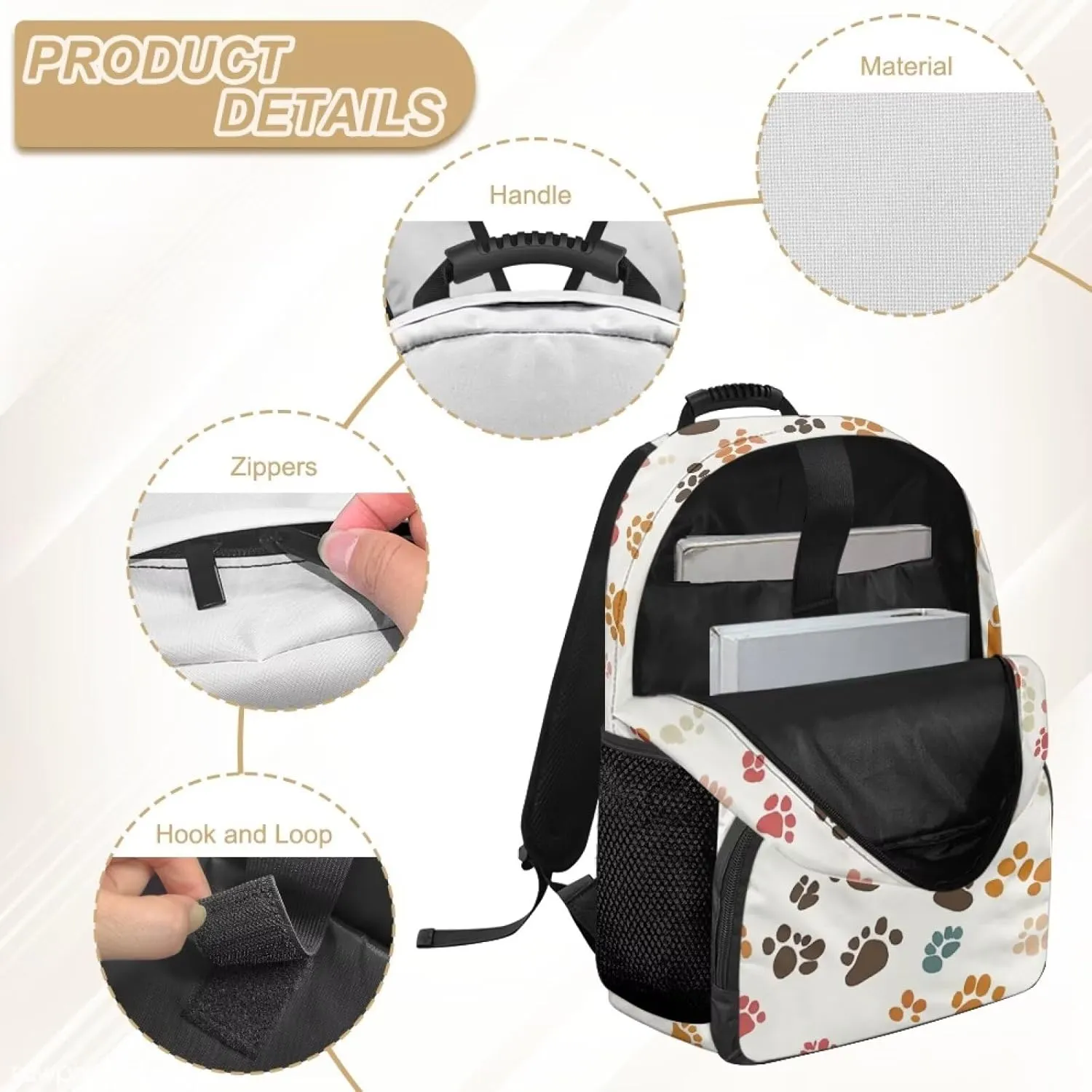 Dog Paw Backpack for Girls Large Capacity School Bags with Zipper Compartment 15 Inch Polyester Bookbag for Primary School Travel Casual Book Bag