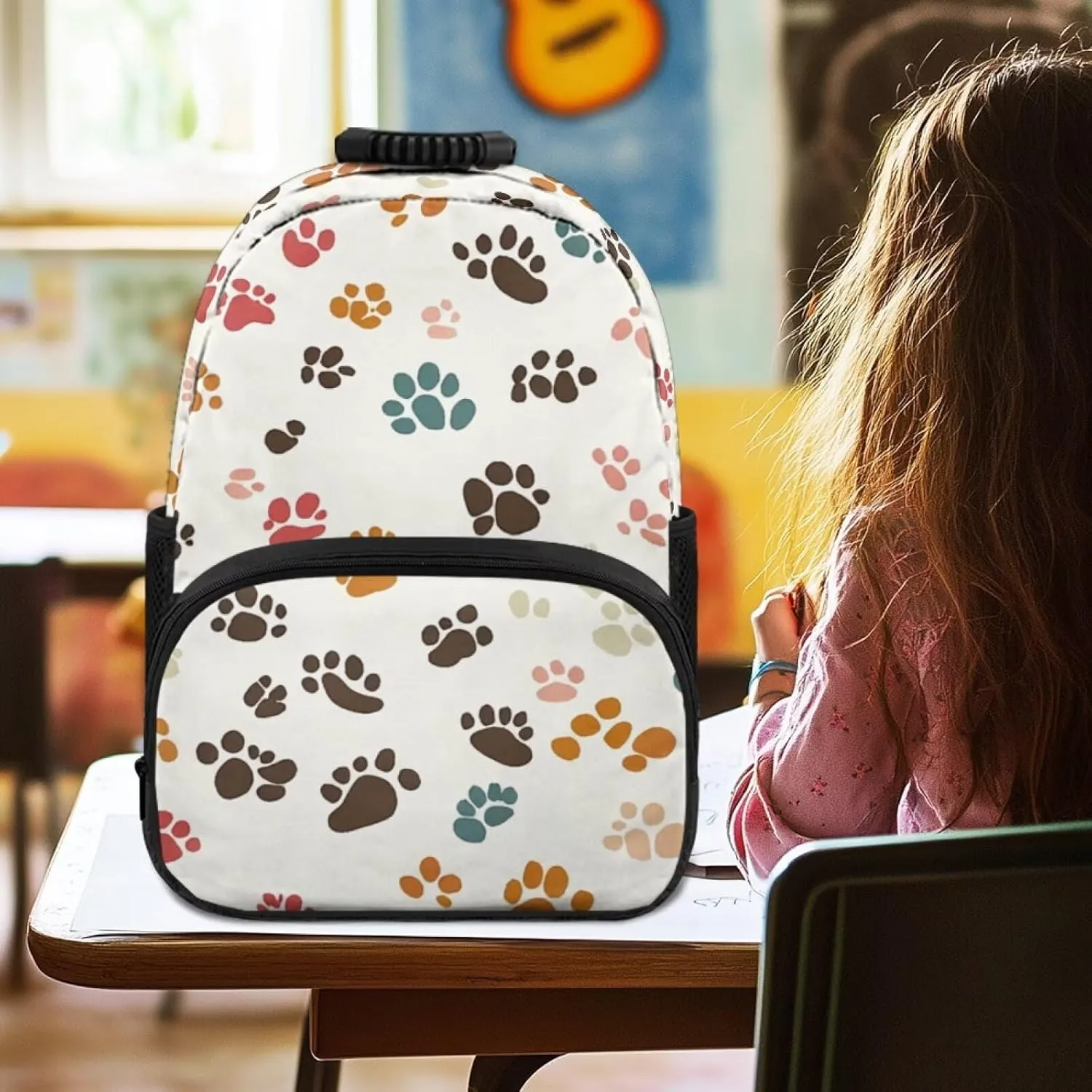 Dog Paw Backpack for Girls Large Capacity School Bags with Zipper Compartment 15 Inch Polyester Bookbag for Primary School Travel Casual Book Bag