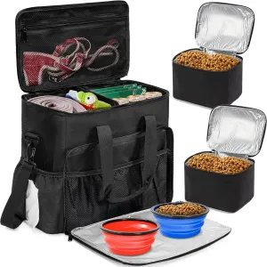 Dog Travel Bag, Airline Approved Tote Organizer, Travel Dog Backpack with Multi-Function Pockets for Dog Stuff & Pet Supplies Travel Essentials，Black with Bowl(BLUE&RED)