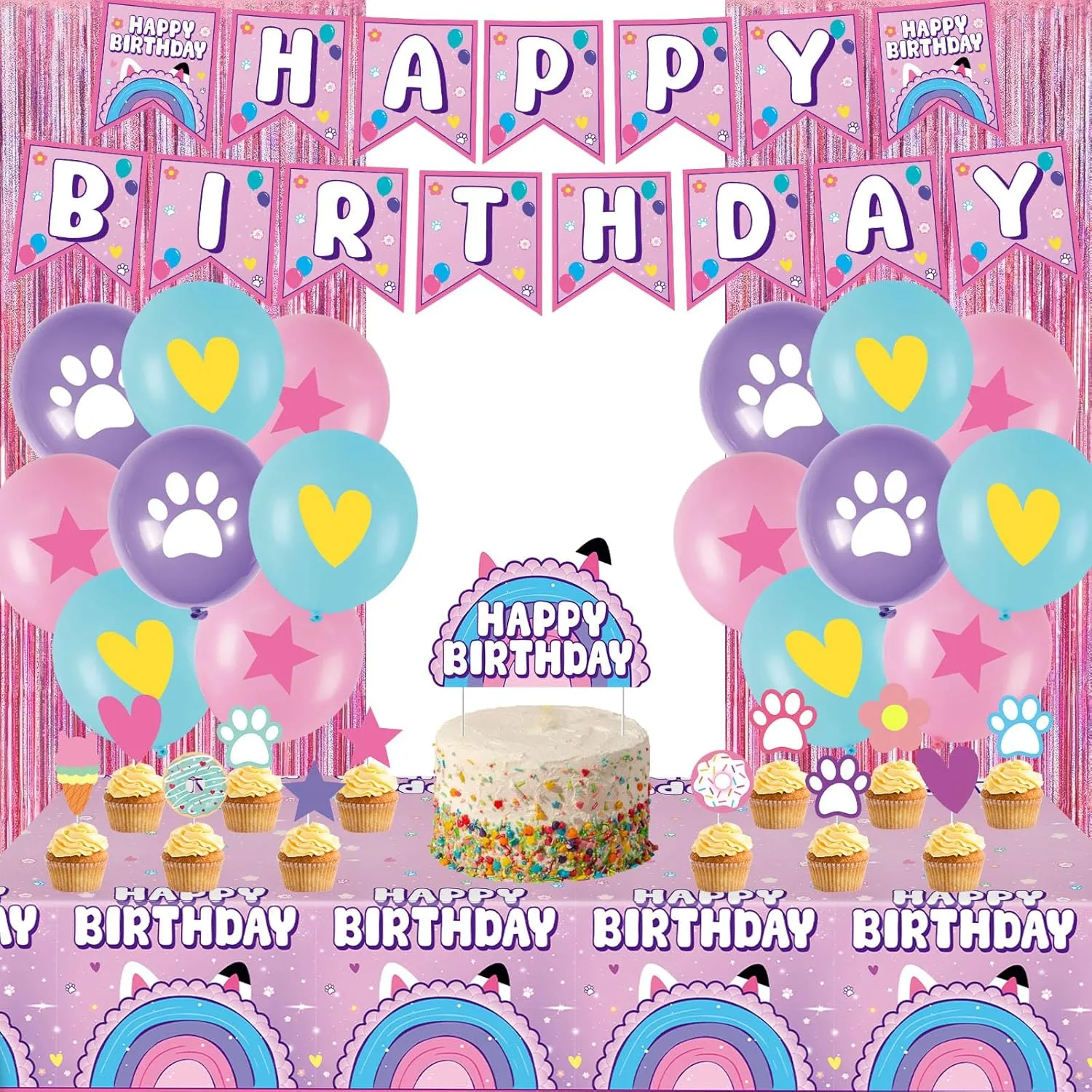 Dollhouse Birthday Party Supplies, Party Decorations Set Include Banner, Balloons, Tinsel Foil Fringe Curtains Cake Cupcake Toppers, Tablecloth Dollhouse Themed Party Supplies