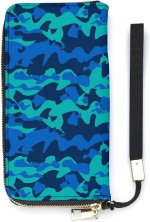 Dolphin Camo Women's Leather Long Large Capacity Wallet Clutch Wallet with Hand Strap