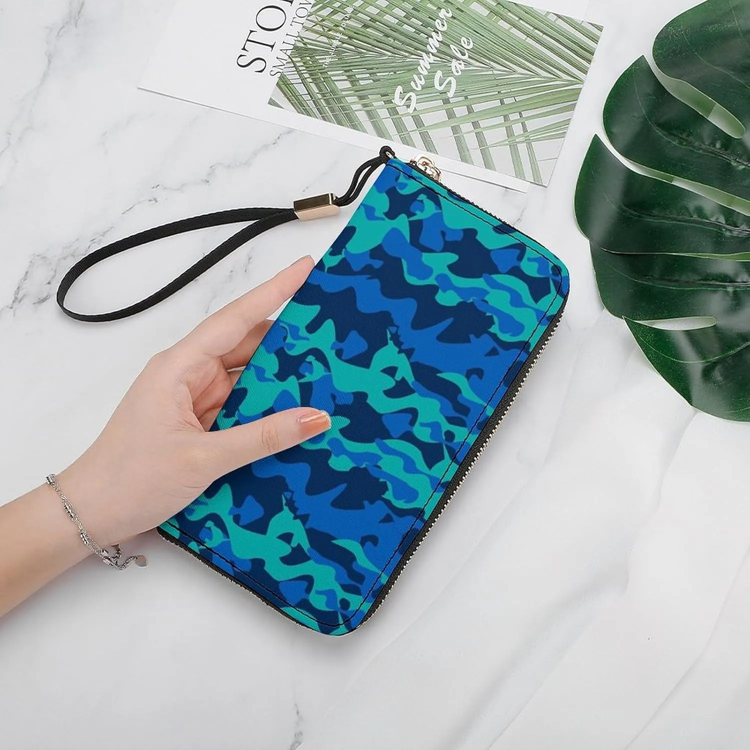 Dolphin Camo Women's Leather Long Large Capacity Wallet Clutch Wallet with Hand Strap