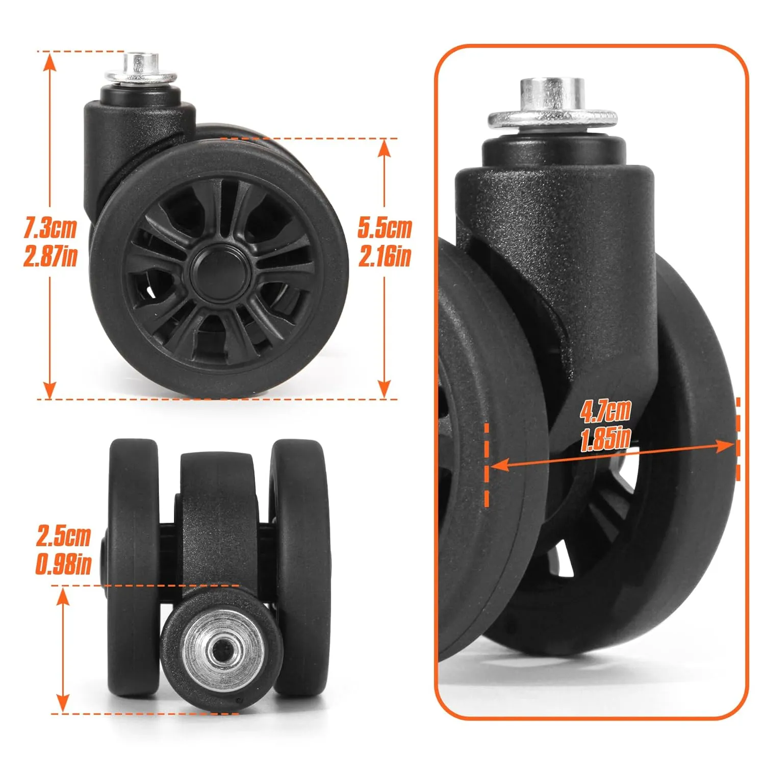 Domiella 2 Pack Luggage Replacement Wheels, Universal Suitcase Swivel Caster Wheels, Rubber Suitcase Trolley Wheels Repair Kit Luggage Wheels Replacement, OD 55 mm