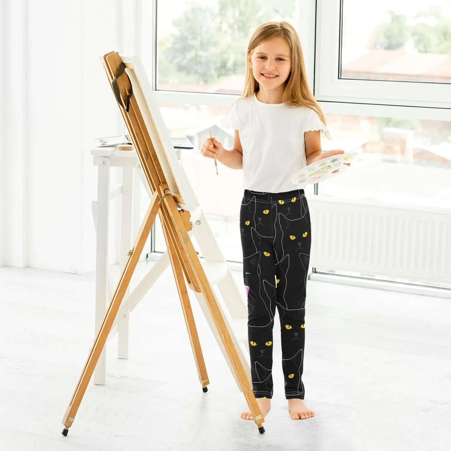 DOMIKING Cute Cat Kitten Cartoon Girl's Leggings Pants Kids' Yoga Pants Stretchy Dance Tights Bottoms 4 Years