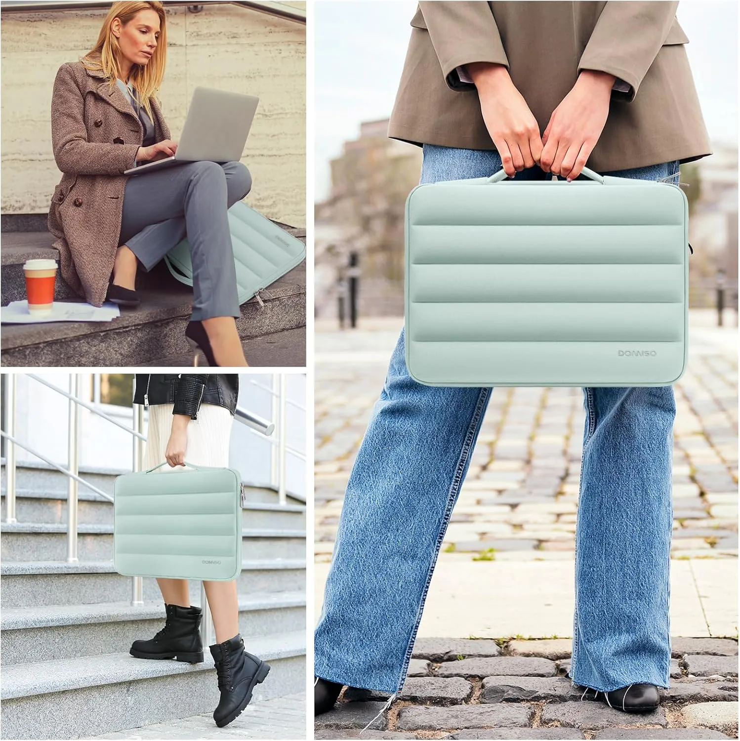 DOMISO 14 inch Laptop Sleeve Bag Shockproof Protective Carrying Case Water-Resistant Handbag with Handle Compatible with MacBook/HP/Dell,Mint Green