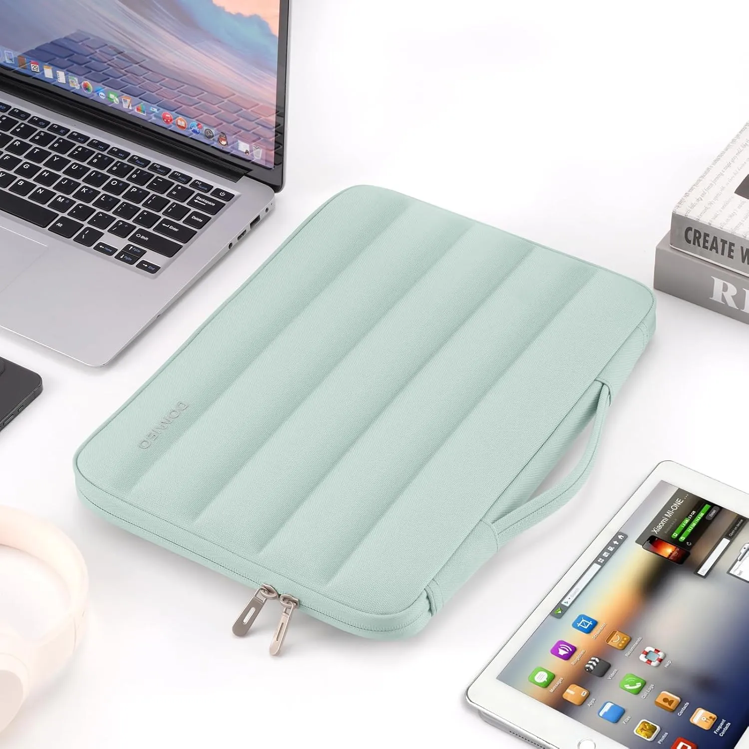 DOMISO 14 inch Laptop Sleeve Bag Shockproof Protective Carrying Case Water-Resistant Handbag with Handle Compatible with MacBook/HP/Dell,Mint Green