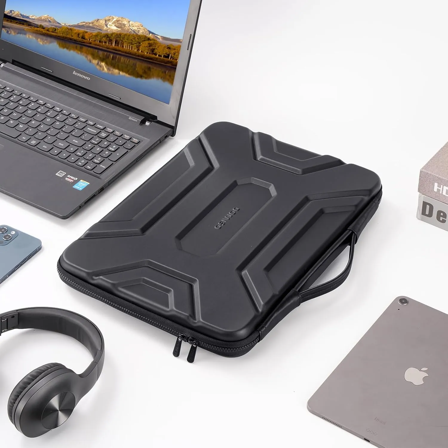DOMISO 15.6 inch Laptop Sleeve Shoulder Bag Shockproof Computer Bag Waterproof EVA Protective Carrying Case for 16" MacBook Pro/Max M2 M1 2019-2023,15"-16" HP Dell Asus Laptop,Dell XPS 15,Black
