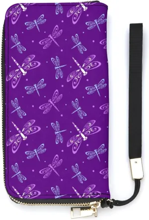 Dragonflies with Wings Women's Leather Long Large Capacity Wallet Clutch Wallet with Hand Strap, 20x10.5cm, style-21-3