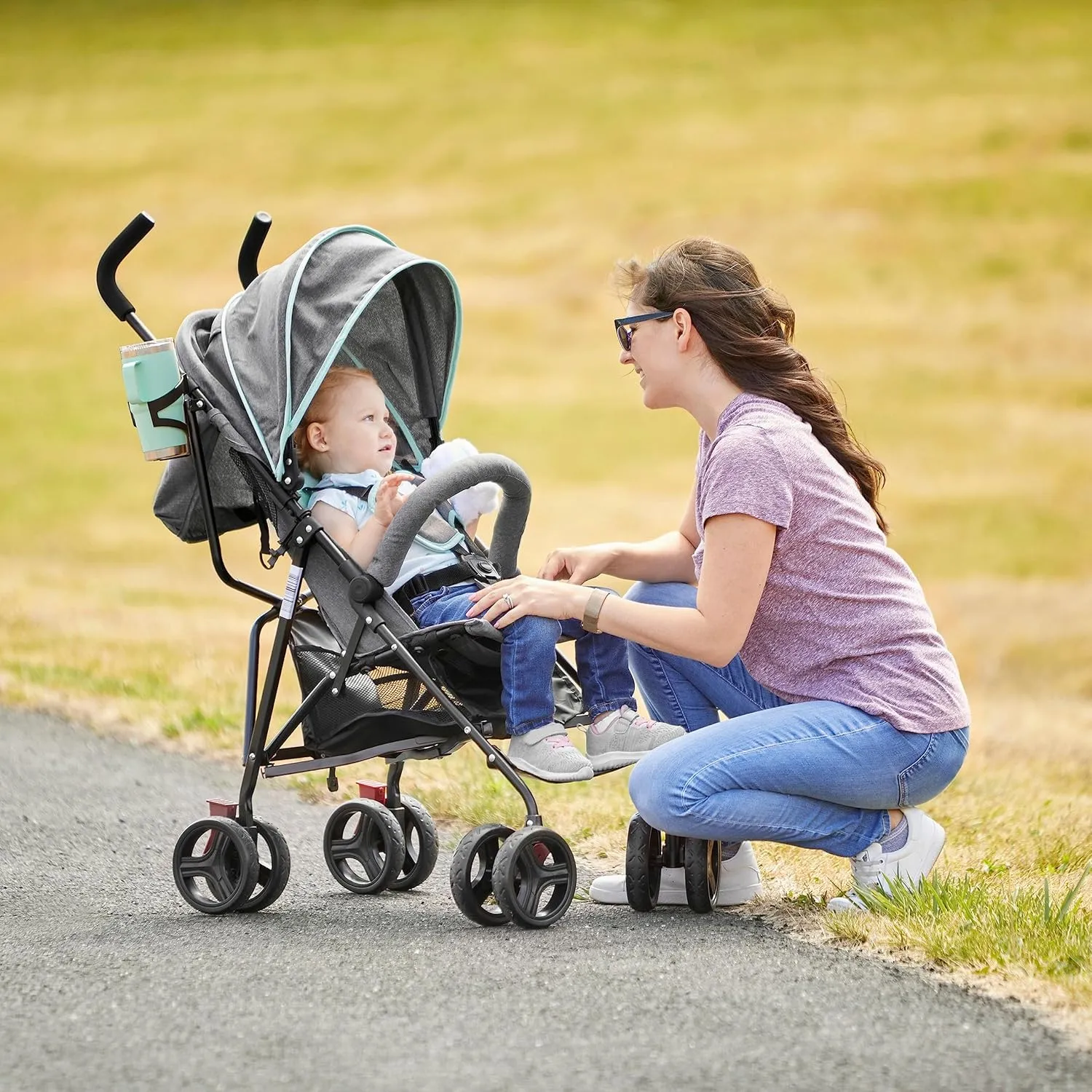 Dream On Me Vista Moonwalk Baby Stroller in Mint, Lightweight Infant Stroller with Compact Fold, Multi-Position Recline Umbrella Stroller with Canopy, Extra Large Storage and Cup Holder