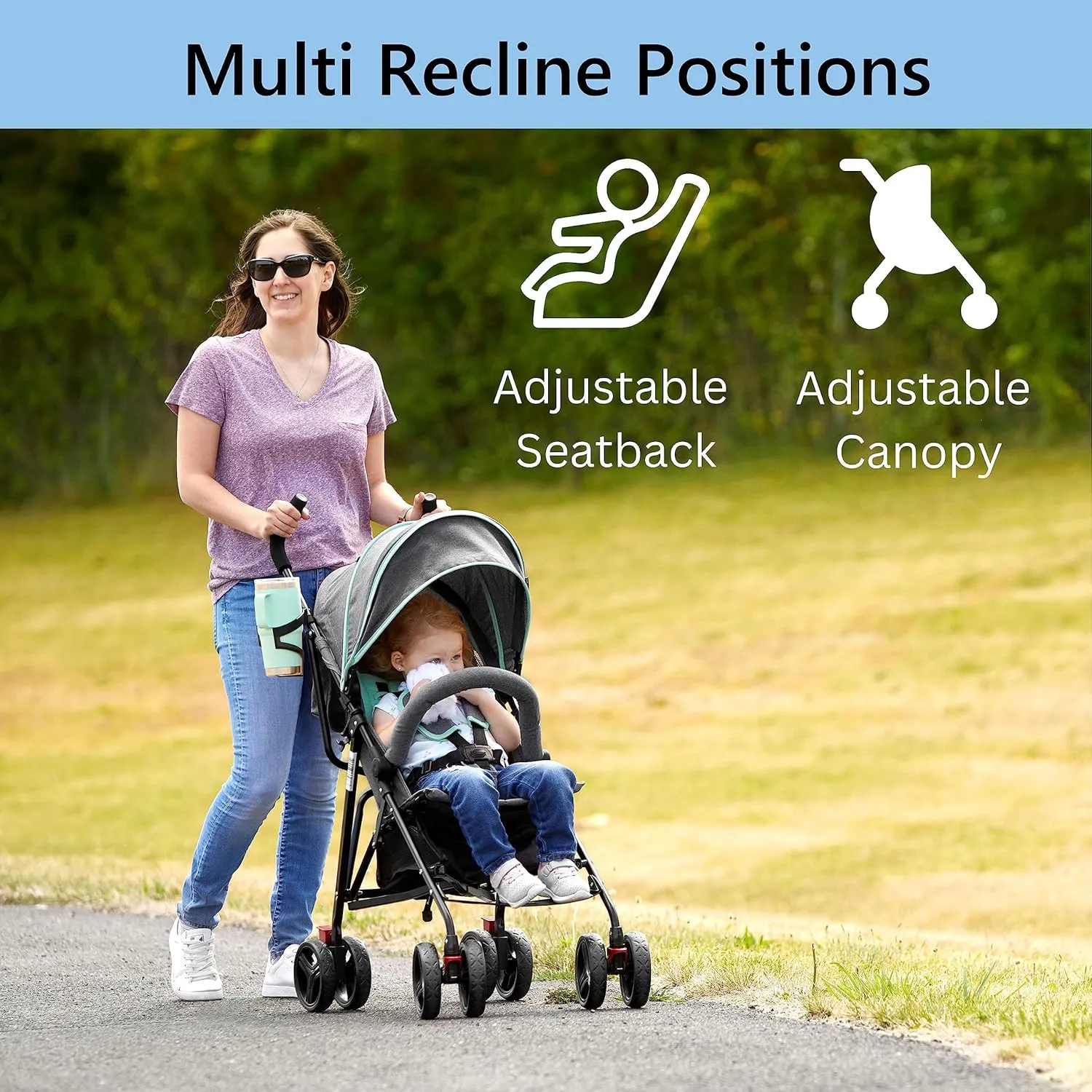 Dream On Me Vista Moonwalk Baby Stroller in Mint, Lightweight Infant Stroller with Compact Fold, Multi-Position Recline Umbrella Stroller with Canopy, Extra Large Storage and Cup Holder