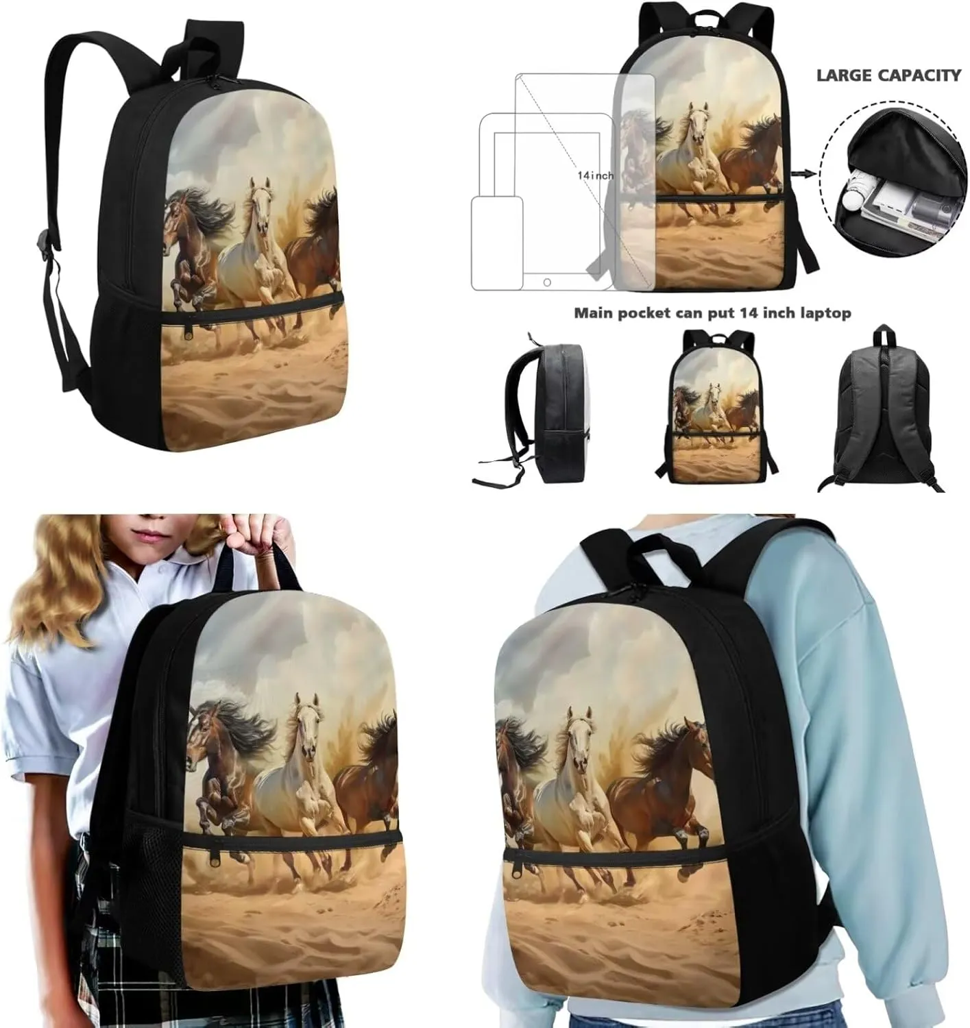 Dreaweet Horse Backpack for Girls 10-12 with Lunchbox Middle School Book Bag 6th Grade Bookbag with Lunch Box Teen Girls School Bag Lunch Tote Bag Pencil Case Pouch 3 In 1