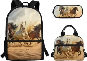 Dreaweet Horse Backpack for Girls 10-12 with Lunchbox Middle School Book Bag 6th Grade Bookbag with Lunch Box Teen Girls School Bag Lunch Tote Bag Pencil Case Pouch 3 In 1