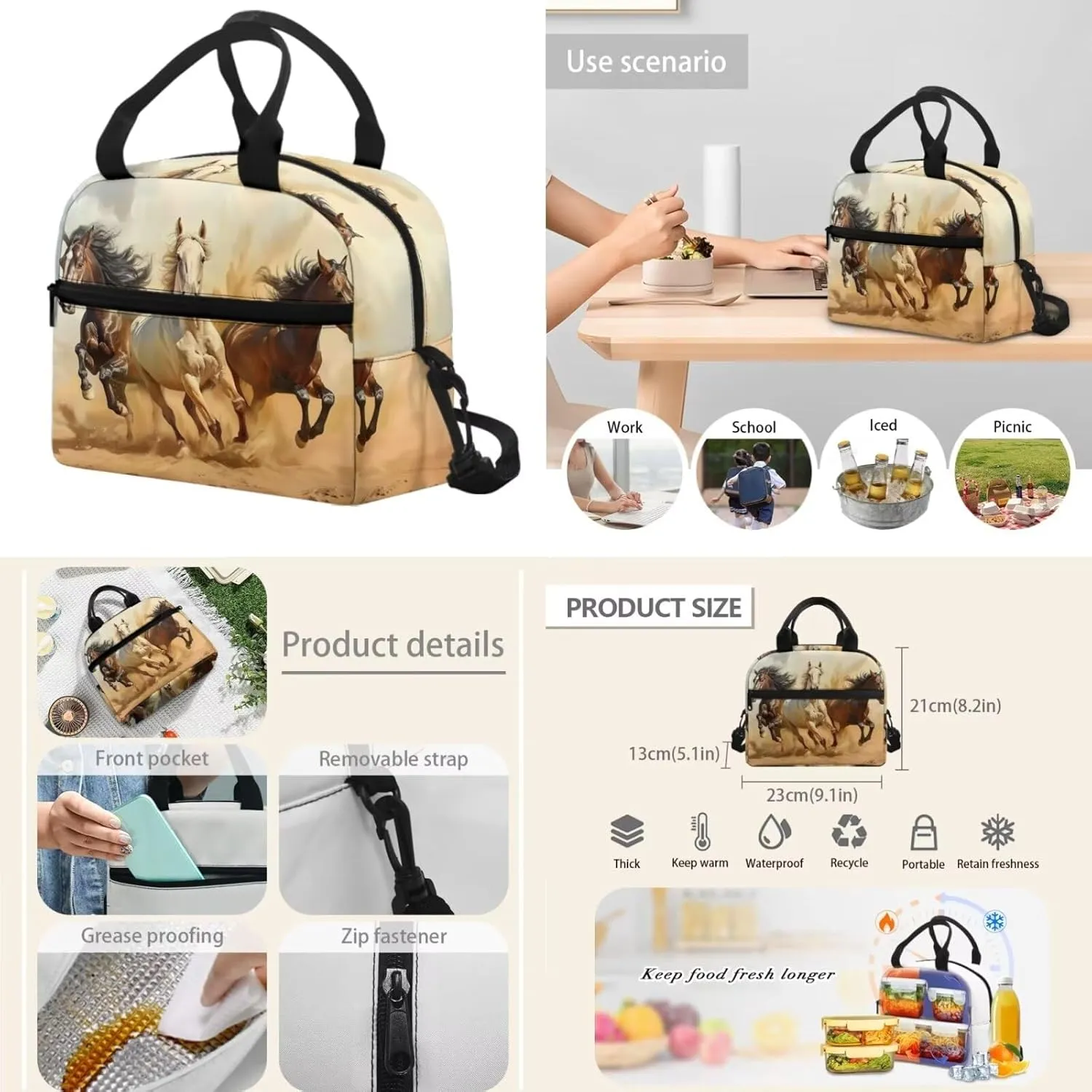 Dreaweet Horse Backpack for Girls 10-12 with Lunchbox Middle School Book Bag 6th Grade Bookbag with Lunch Box Teen Girls School Bag Lunch Tote Bag Pencil Case Pouch 3 In 1