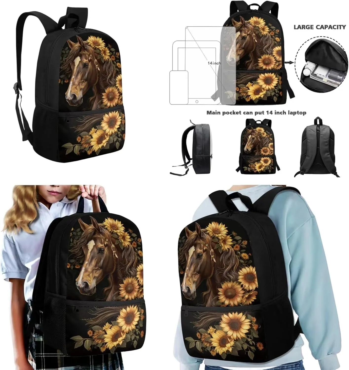Dreaweet Sunflower Horse Backpack for Girls 10-12 with Lunchbox Middle School Book Bag 6th Grade Bookbag with Lunch Box Teen Girls School Bag Lunch Tote Bag Pencil Case Pouch 3 In 1