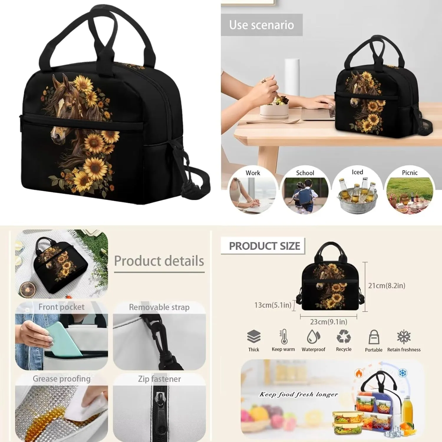 Dreaweet Sunflower Horse Backpack for Girls 10-12 with Lunchbox Middle School Book Bag 6th Grade Bookbag with Lunch Box Teen Girls School Bag Lunch Tote Bag Pencil Case Pouch 3 In 1