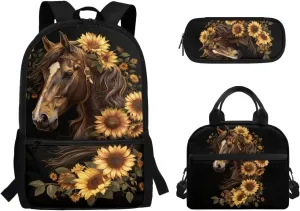 Dreaweet Sunflower Horse Backpack for Girls 10-12 with Lunchbox Middle School Book Bag 6th Grade Bookbag with Lunch Box Teen Girls School Bag Lunch Tote Bag Pencil Case Pouch 3 In 1