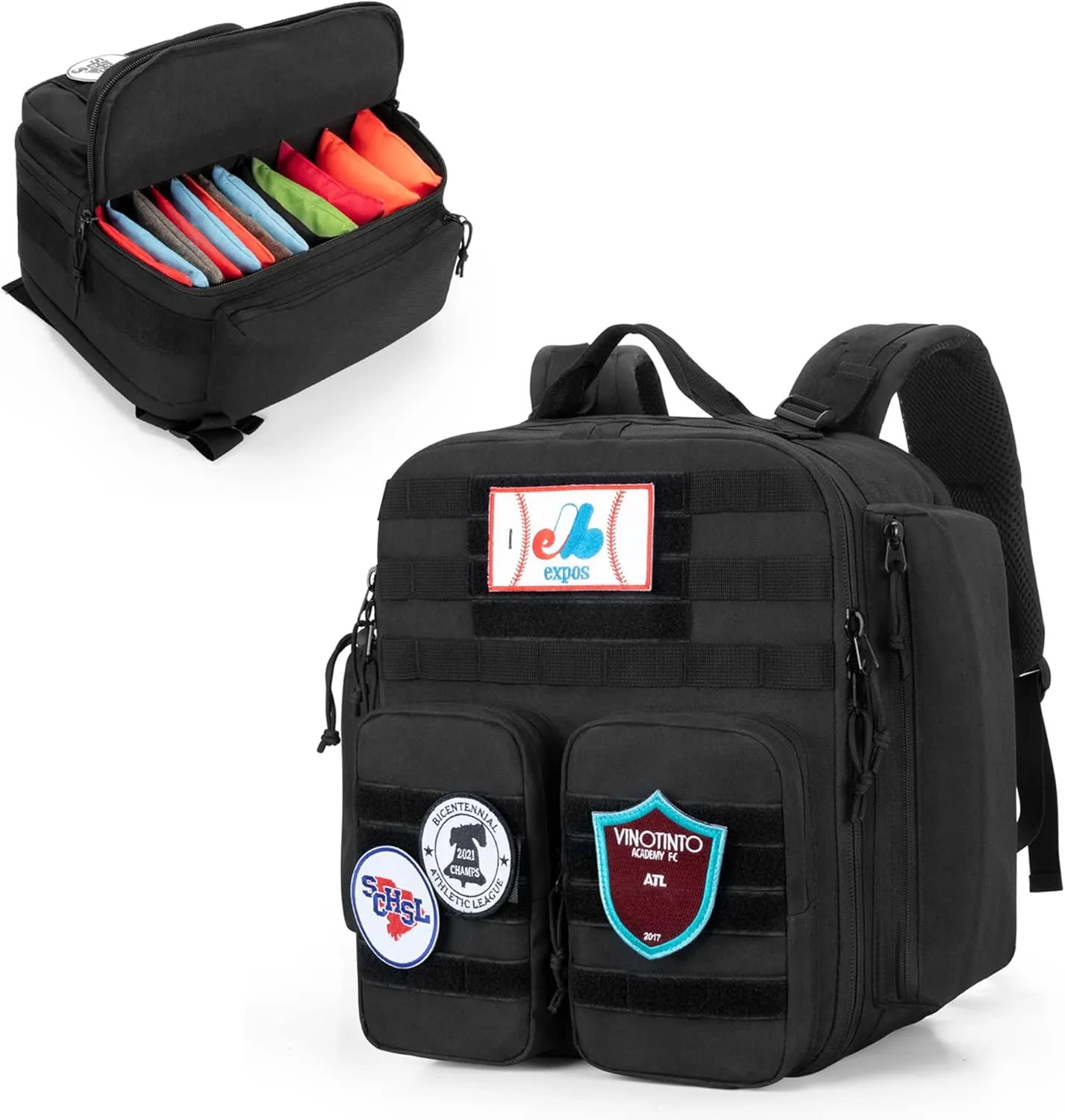 DSLEAF Cornhole Backpack Holds 16-24 Cornhole Bags, Cornhole Patch Bag with Padded Shoulder Straps and Extra Pockets for Tossing Games (Patent Design)