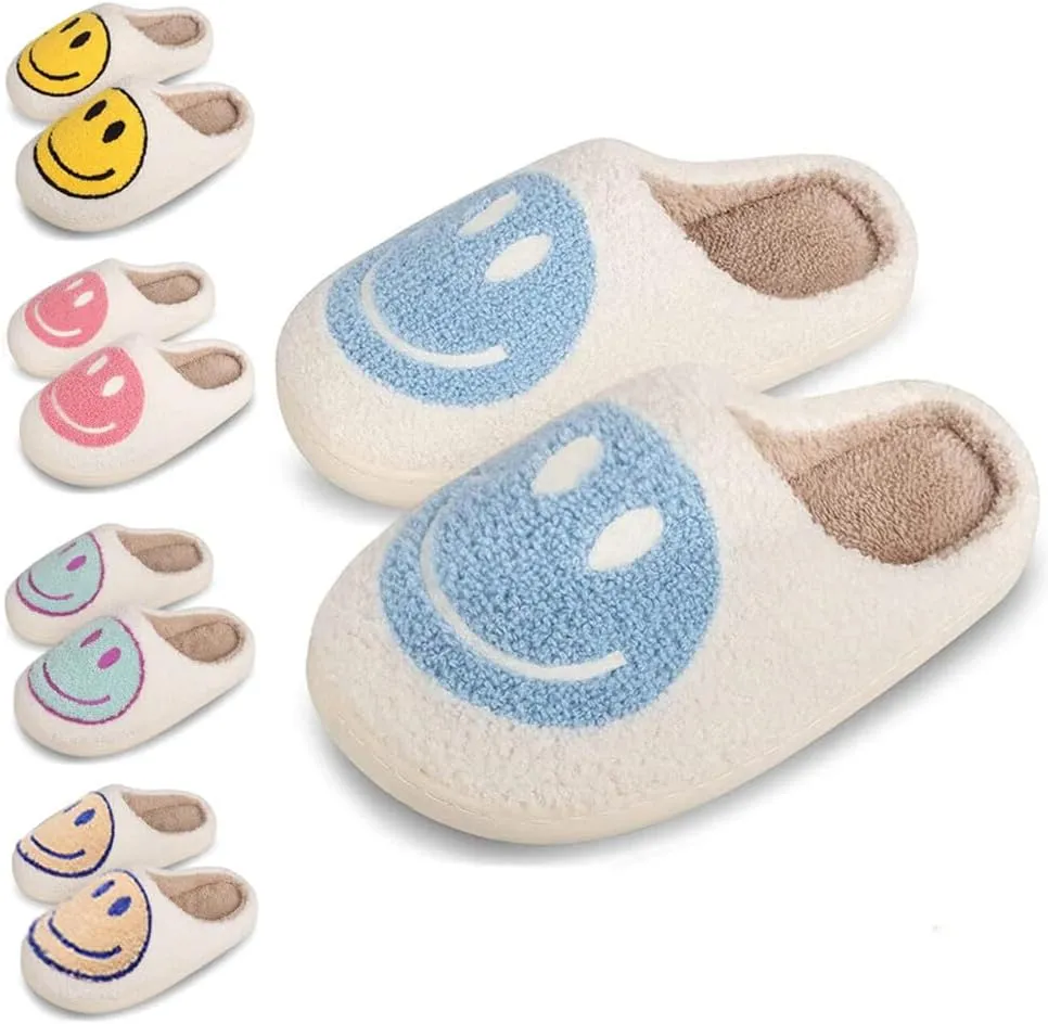 dubuto Smile Face Slippers for Girls Boys, Cute Soft Plush Anti-slip House Kids Girls Slippers with Memory Foam Warm Cartoon Happy face Shoes for Indoor Outdoor