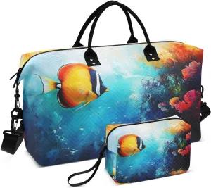 Duffel Bag for Traveling, Fish Coral Underwater Gym Bags with Multiple Interior Pockets for Women Men Toiletry Purse Included 20.5”x 1.9” x 13.8”