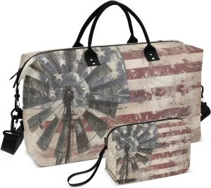 Duffel Bag for Traveling, Windmill American Flag Gym Bags with Multiple Interior Pockets for Women Men Toiletry Purse Included 20.5”x 1.9” x 13.8”