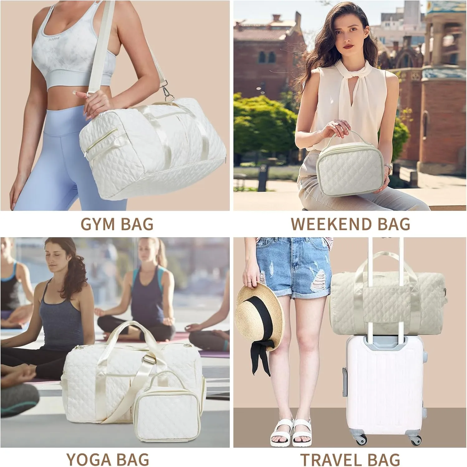 Duffle Bag for Women, Gym Bag with Shoe Compartment, Carry On Overnight Bag for Travel with Cosmetic Bag, Toiletry Bag, Yoga Weekender Bag with Wet Pocket (Beige)