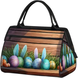 Easter Eggs Wood Rabbit Ear Travel Duffle Bag, Waterproof Duffel Bag Weekender Overnight Carry On Bag Lightweight Sport Gym Bag for Men Women