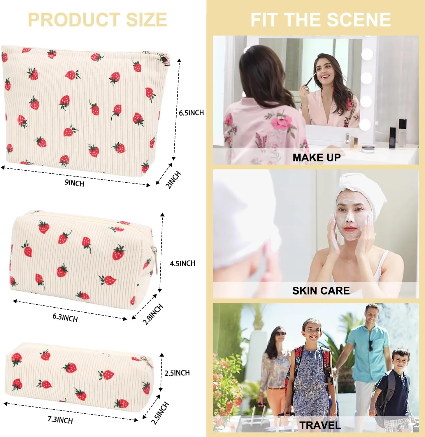 EIMMBD Makeup Bags 6 Pieces Set Large Capacity Cosmetic Bag Travel Toiletry Bag Organizer Cute Strawberry Makeup Bag Pouch Storage Bag for Women