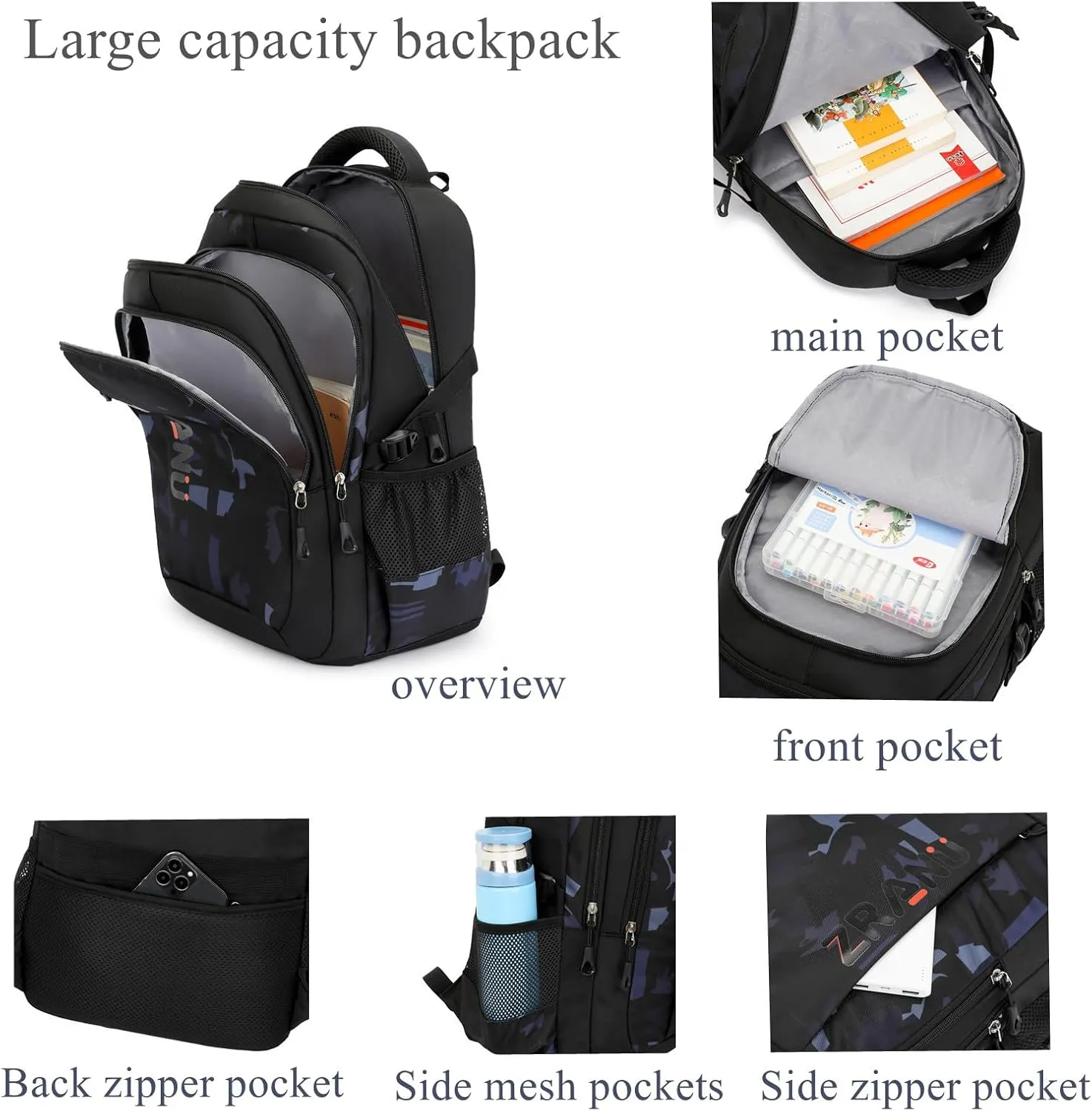 EKUIZAI camouflage print Boys Backpack Kids Schoolbag Black Cool Backpack for Teen Boys