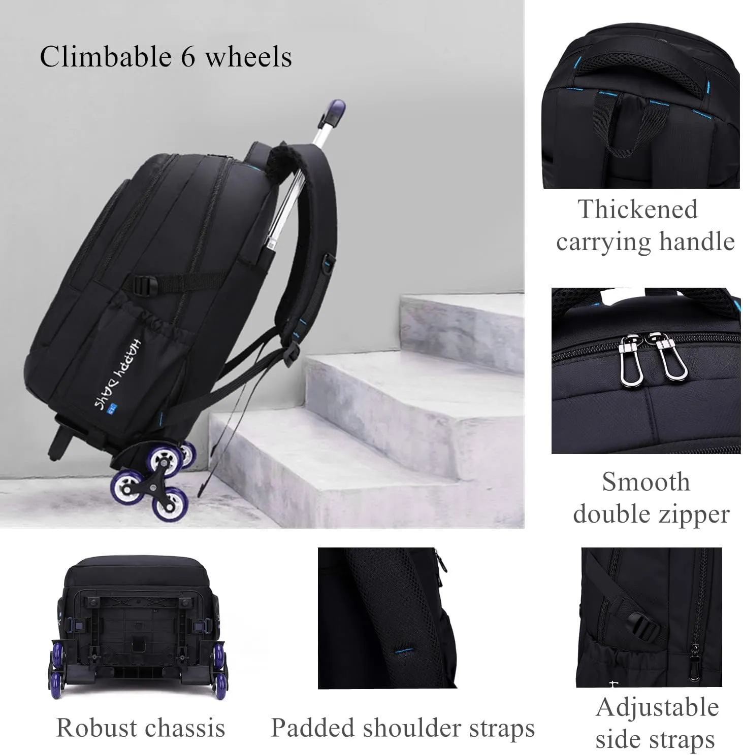 EKUIZAI Solid Color Trolley Backpack Schoolbag for Middle School Students Elementary Rolling Bag Daypack for Teen Boys