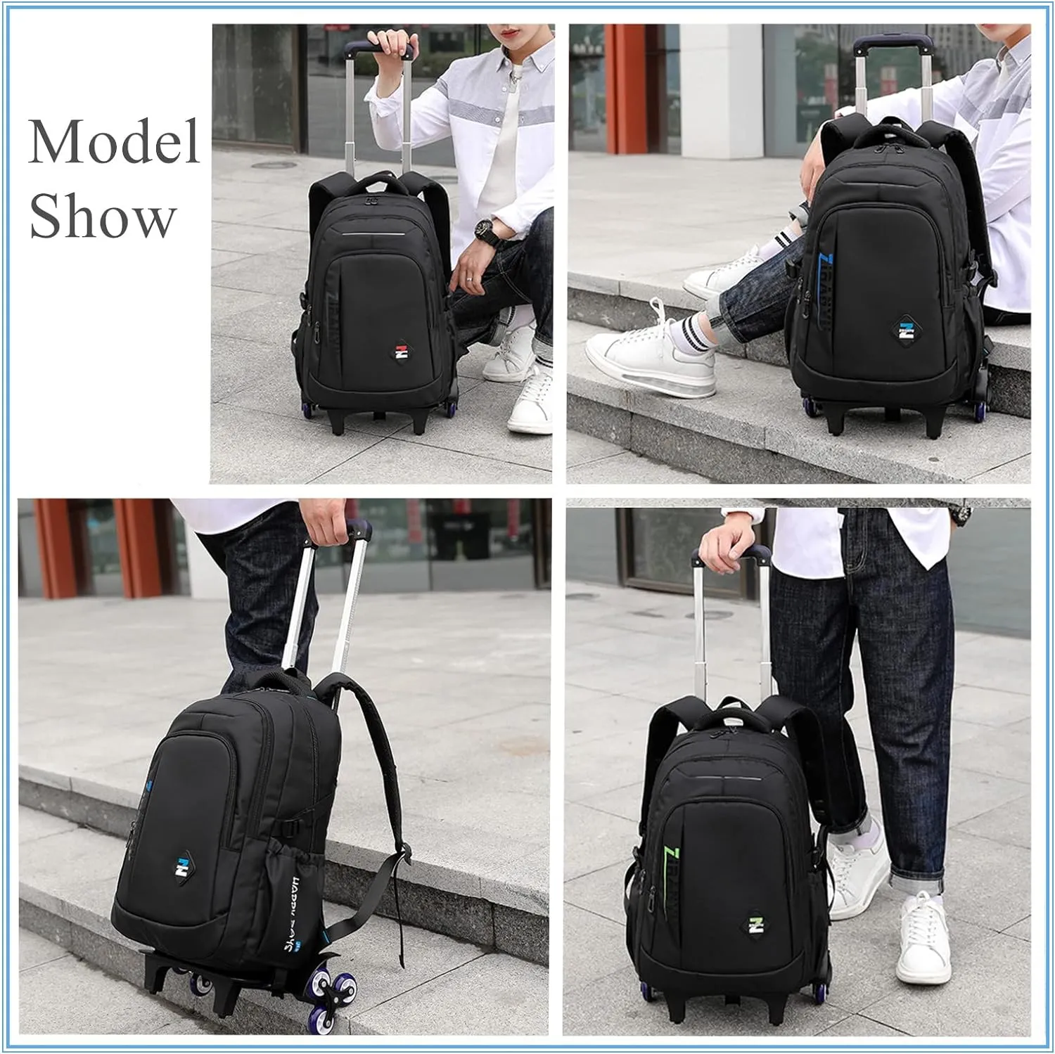 EKUIZAI Solid Color Trolley Backpack Schoolbag for Middle School Students Elementary Rolling Bag Daypack for Teen Boys