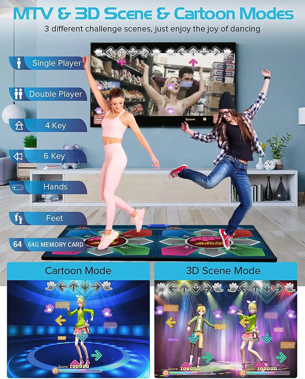 Electronic Dance mat for Kids and Adults, 64G Memory Card, 75 Music 899 Games and Videos 650 Songs,Fitness Dance Games, Gift for Boys and Girls for TV;Premium Flannel Material (Rainbow Rhythm)