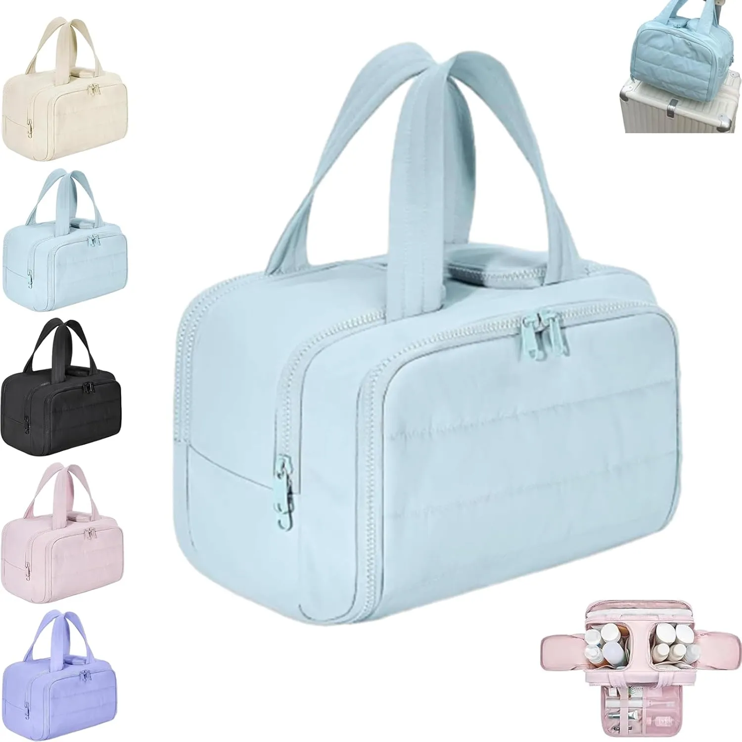 Elouva Toiletry Bag, Large Capacity Wide-Open Travel Cosmetic Bag, 4-in-1 Multi-Functional Lightweight Makeup Bags for Women with Handle for Accessories, Essentials, Toiletries (Blue)