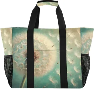 Emelivor Dandelions Turquoise Large Tote Bag Foldable Diaper Grocery Bags Canvas Travel Beach Tote Bag Handbags Pool Bag for Women Men Work Daily Shopping