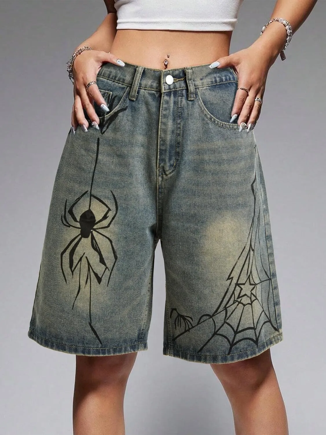EMMIOL Women Jorts Baggy Jeans Shorts Mid-Low Waisted Denim Y2K Hip-Hop Shorts Summer Hot Short Pants Streetwear