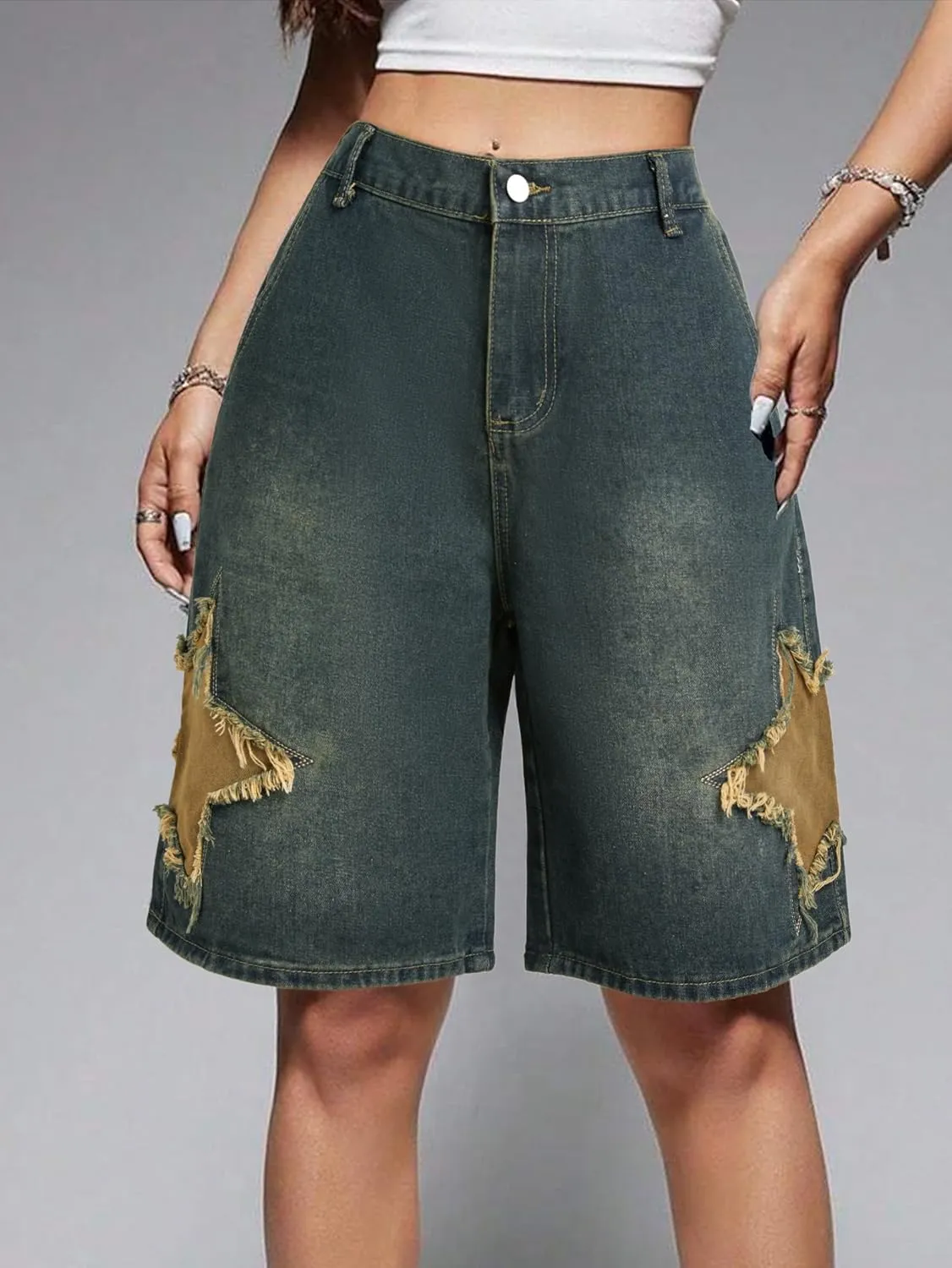 EMMIOL Women Jorts Baggy Jeans Shorts Mid-Low Waisted Denim Y2K Hip-Hop Shorts Summer Hot Short Pants Streetwear