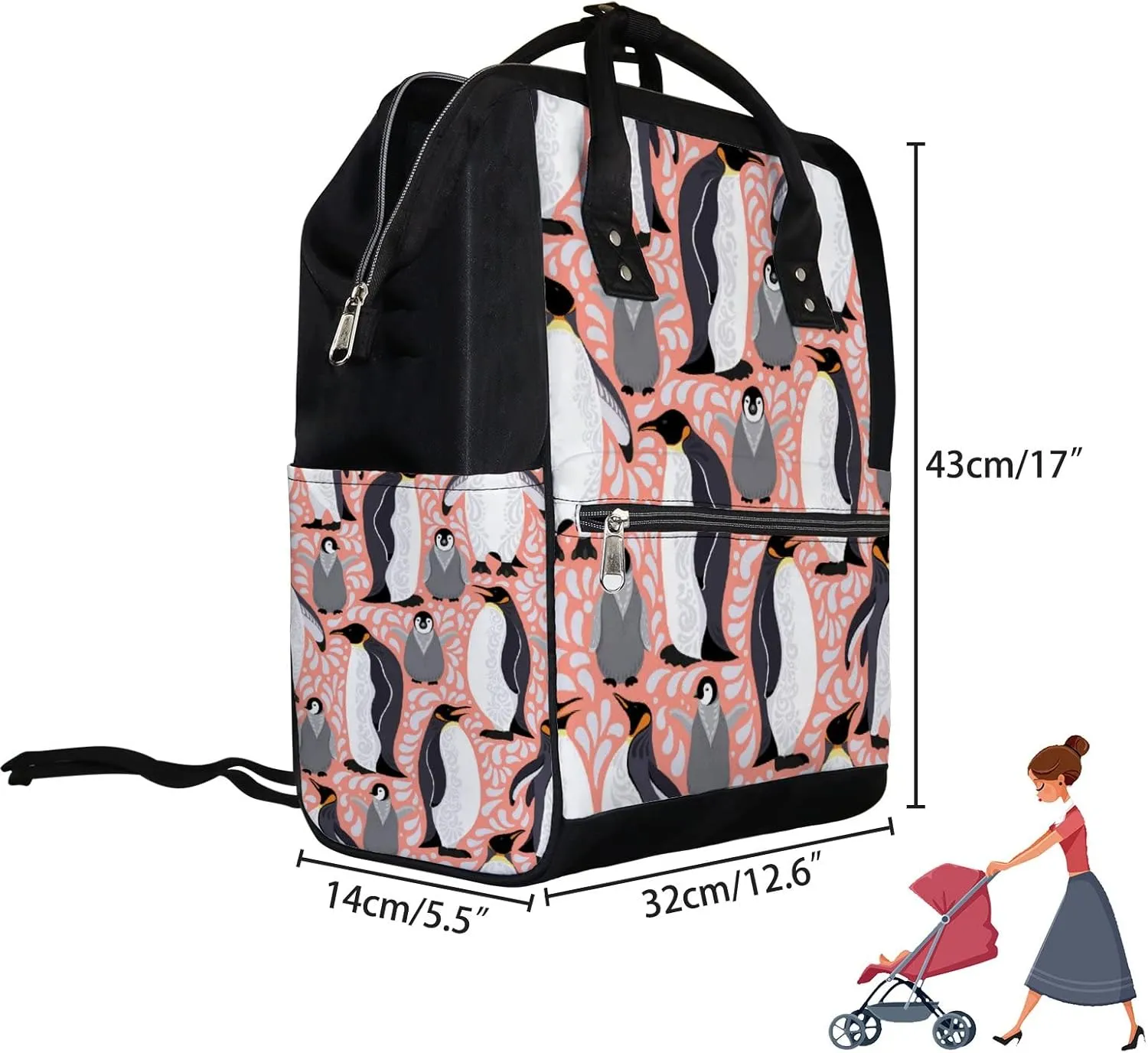 Emperor Penguins Pink Diaper Bag Backpack Waterproof Backpack Baby Nappy Changing Bag for Travel Large Capacity Durable and Stylish for Woman
