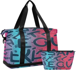 English Words Travel Duffel Bag Waterproof Gym Sport Tote Bag Carry On Weekender Bag with Compartment